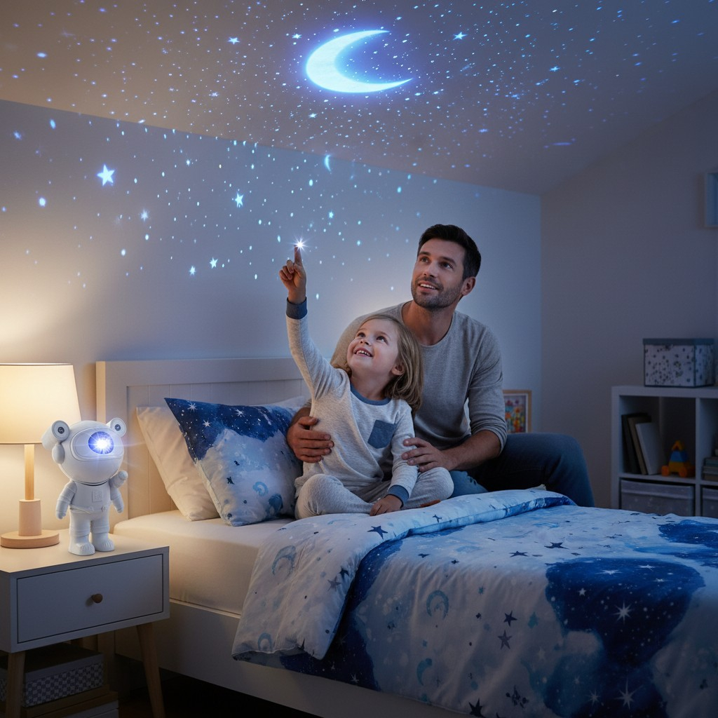 Proiector LED în formă de astronaut alb care proiectează o galaxie colorată pe tavan, înălțime 24.5 cm. [2]