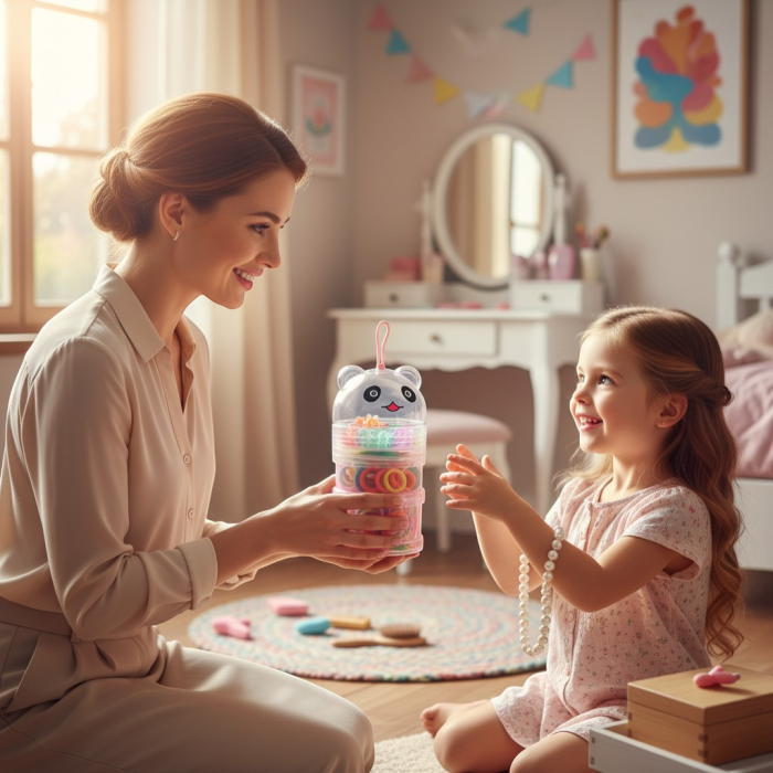 Recipient etajat ursuleț roz cu accesorii de păr pentru copii și baretă de transport. [2]