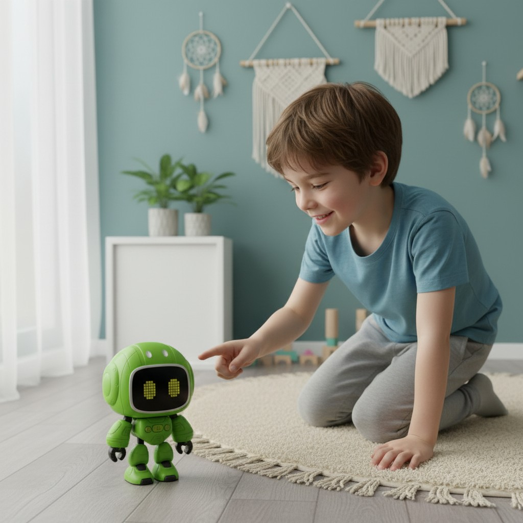 Robot interactiv verde de 14.5 cm cu ecran LED animat, butoane funcționale, brațe și picioare mobile. [2]