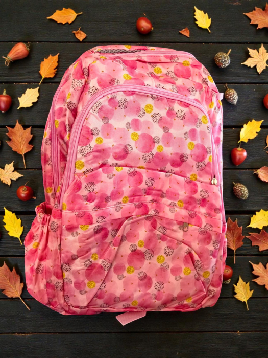Rucsac școlar modern cu imprimeu floral colorat și buzunare laterale, dimensiune 44 cm. [2]