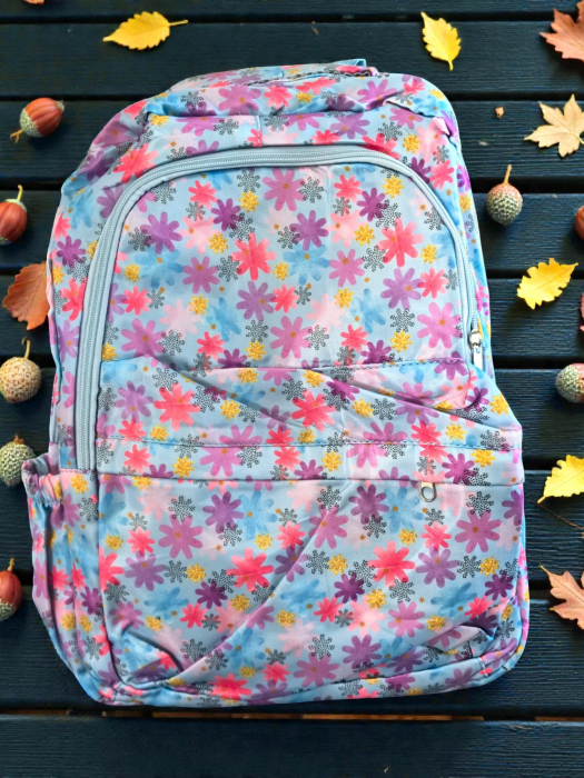 Rucsac școlar modern cu imprimeu floral colorat și buzunare laterale, dimensiune 44 cm. [2]