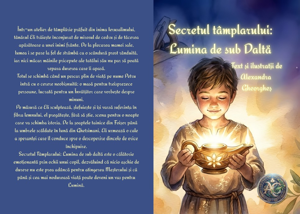 Coperta cartii Secretul Tamplarului Lumina de sub Dalta ilustrand un baietel care tine in maini o lampa stralucitoare [2]
