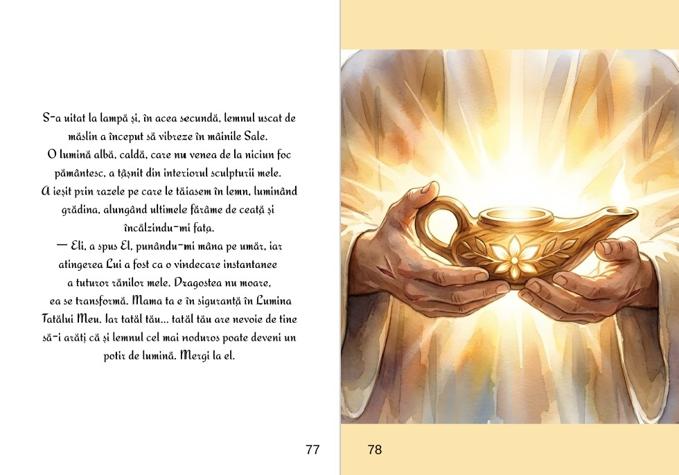 Coperta cartii Secretul Tamplarului Lumina de sub Dalta ilustrand un baietel care tine in maini o lampa stralucitoare [5]