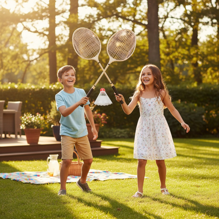 Set de doua rachete de badminton din bambus natural cu un fluturas pentru exterior. [2]