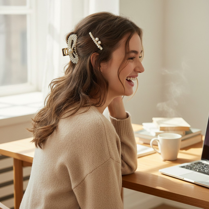 Cartonaș cu 5 clame de păr elegante decorate cu perle albe și strasuri strălucitoare pe suport metalic auriu. [3]