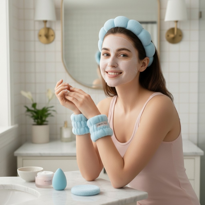 Set de 5 accesorii beauty conținând bentiță de catifea roz, manșete pentru încheieturi, burete machiaj și puf de pudră. [2]