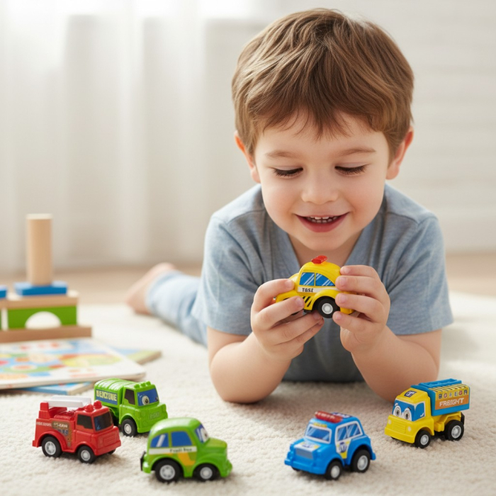 Set 6 masinute colorate Super City Team cu mecanism pull-back si design cartoon. [2]