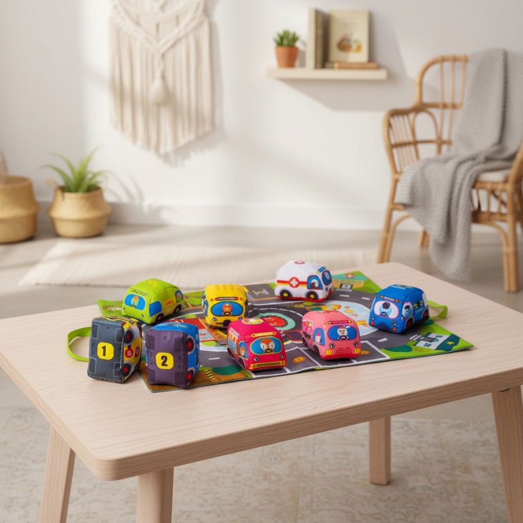 Set 6 mașinuțe textile moi pentru bebeluși pe un covoraș tip circuit, incluzând geantă de transport. [2]