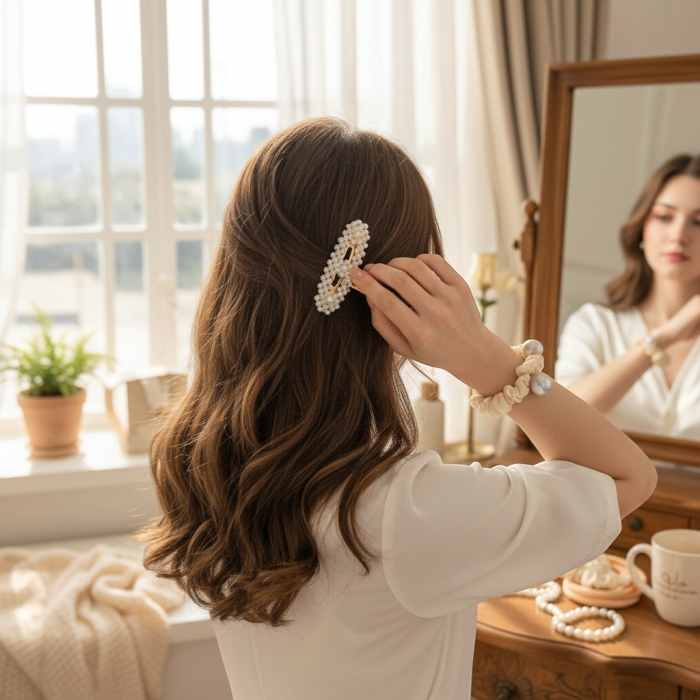 Cartonaș cu 5 elastice textile roz/verde/galben și o clămiță decorativă cu perle albe. [2]