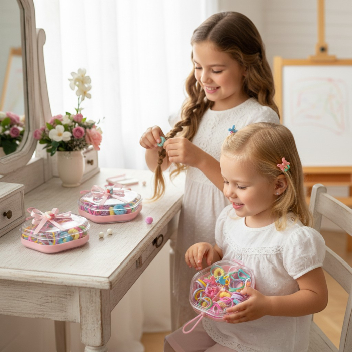 Cutie octogonală cu capac transparent și fundiță roz, plină cu elastice de păr și clame colorate. [2]