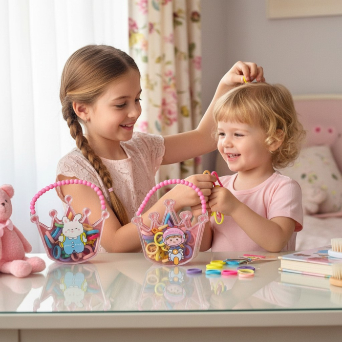 Cutie transparentă în formă de coroană cu mâner din mărgele roz, plină cu elastice și clame de păr colorate. [2]