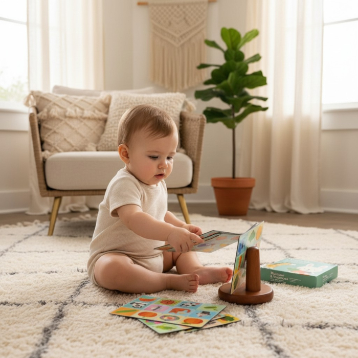 Set 20 de carduri vizuale cu imagini colorate pentru stimularea bebelușilor de 6-12 luni, dimensiune 14x14 cm. [2]