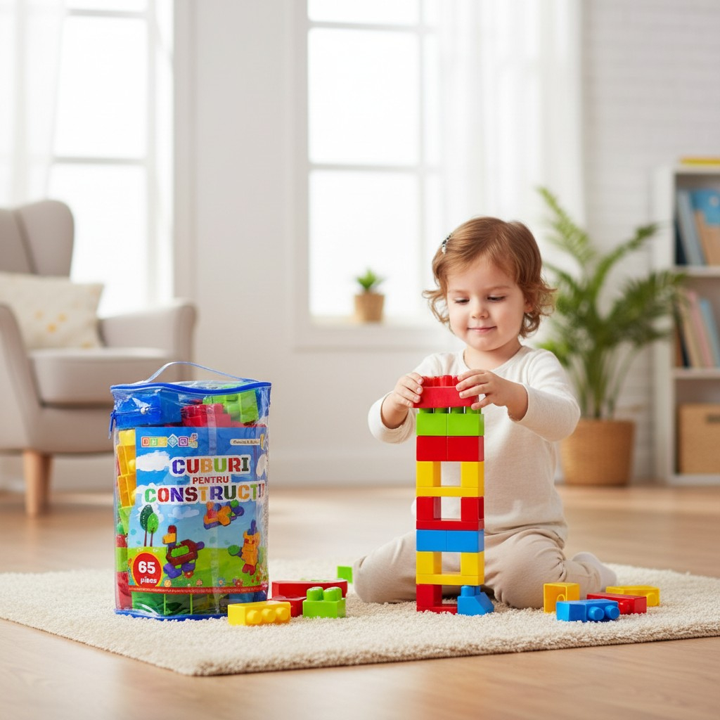 Set educativ cu 65 de cuburi de construit multicolore Robentoys din plastic rezistent. [2]