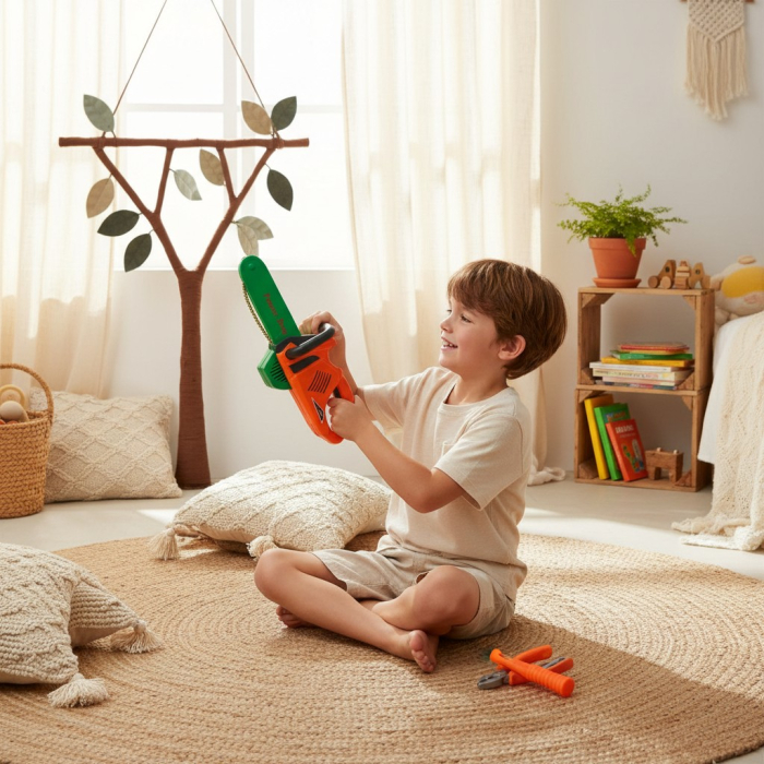 Set de scule interactiv pentru copii cu drujbă electrică portocalie și accesorii complete de construcție. [2]