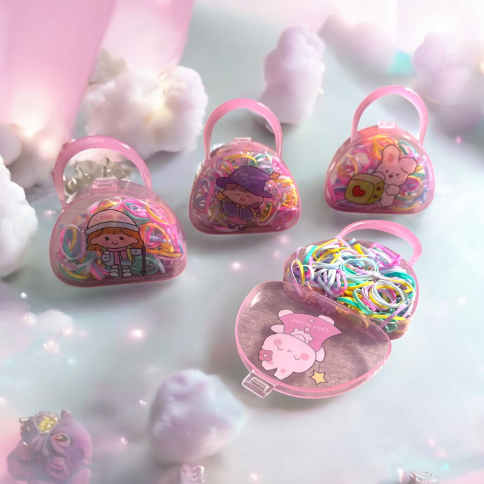 Cutie borsetă cu mâner și personaje, plină cu elastice de păr colorate neon și pastel pentru copii. [3]