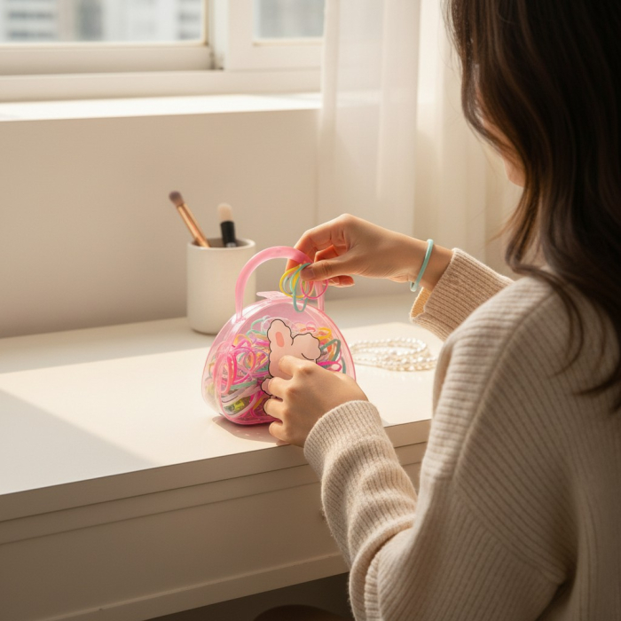 Cutie borsetă cu mâner și personaje, plină cu elastice de păr colorate neon și pastel pentru copii. [2]