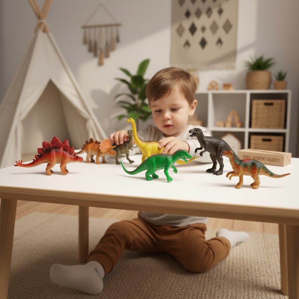 Un set de 6 figurine viu colorate de dinozauri din colecția Dinosaurs World așezate pe o masă de joacă. [2]