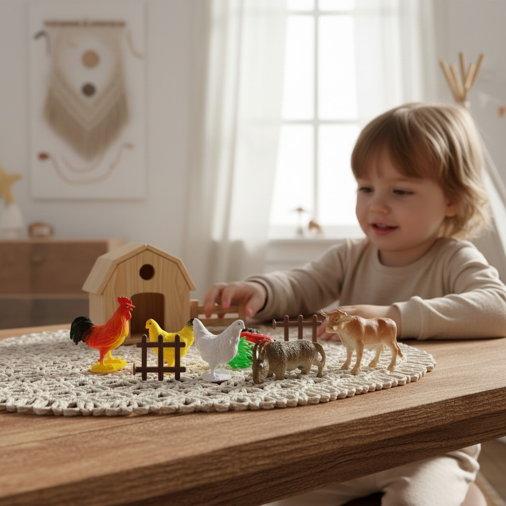 Set de 6 figurine animale domestice My Farm cu cocoș, găini și tauri pe o masă de joacă. [2]