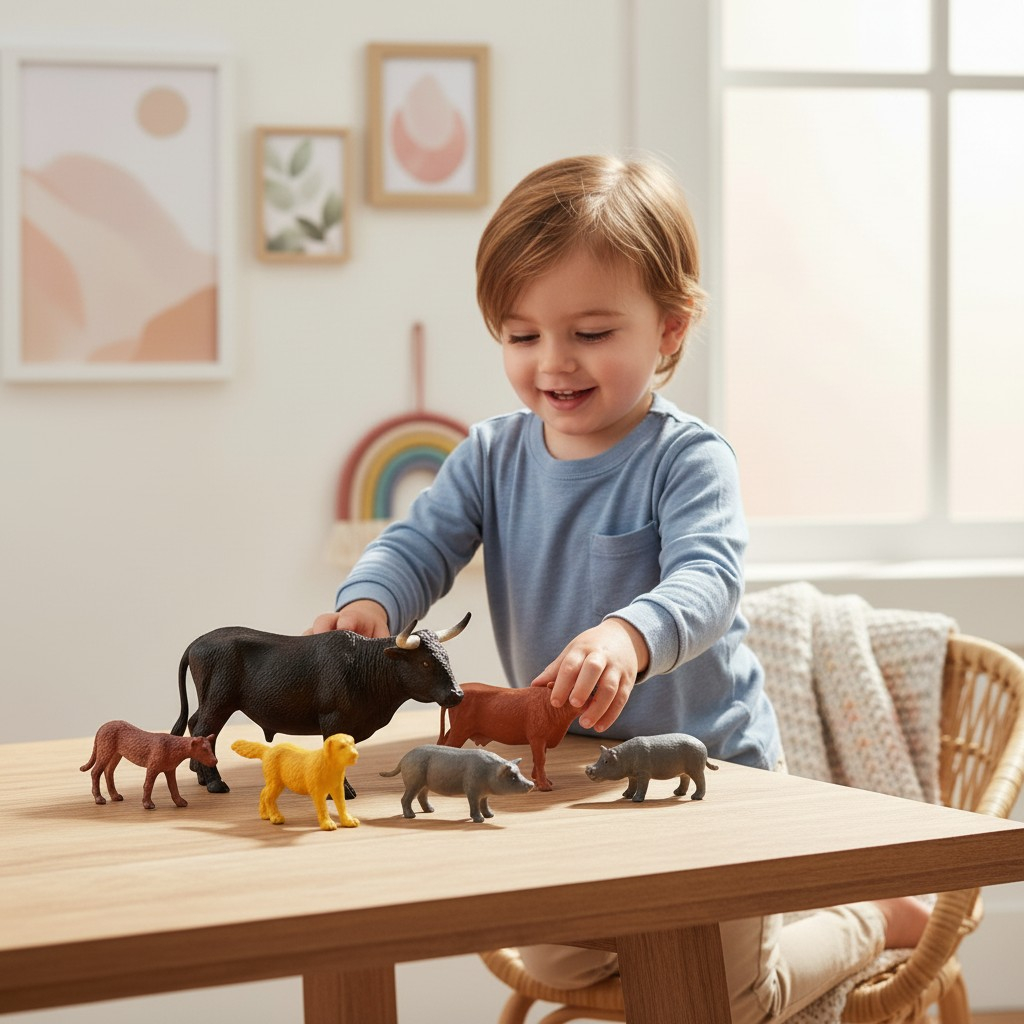 Copil jucându-se cu un set de 8 figurine animale domestice My Farm pe o masă de lemn. [2]