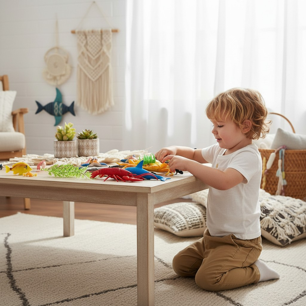 Set figurine animale marine Sea Animal cu crab, rechin și homar așezate pe o masă de lemn. [2]