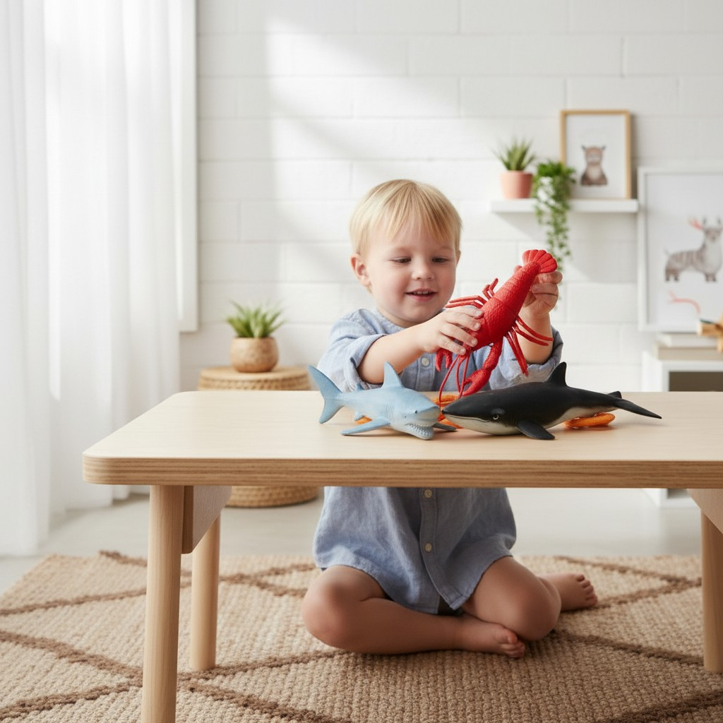 Set figurine animale marine Underwater World cu homar roșu și rechini pe o masă de lemn. [2]