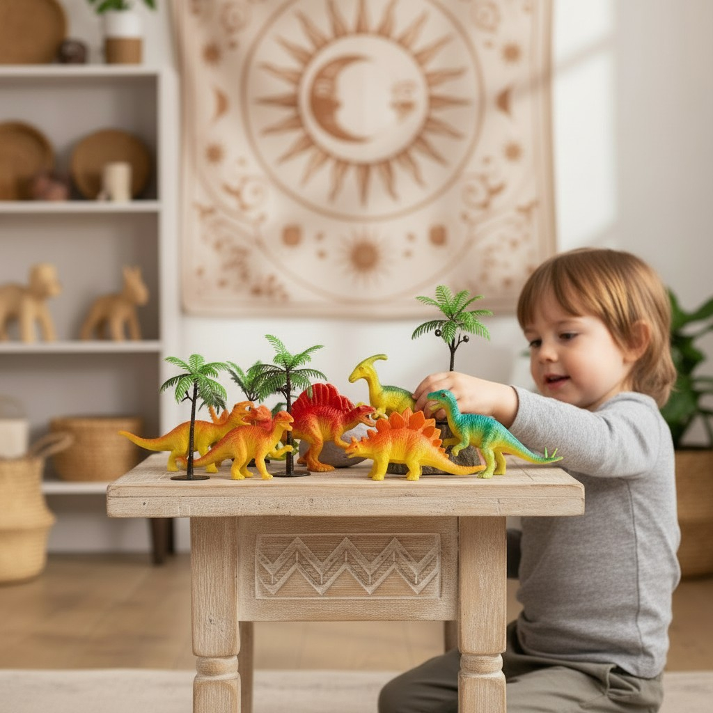 Set de figurine dinozauri colorați și palmieri decorativi pe o masă de lemn. [2]