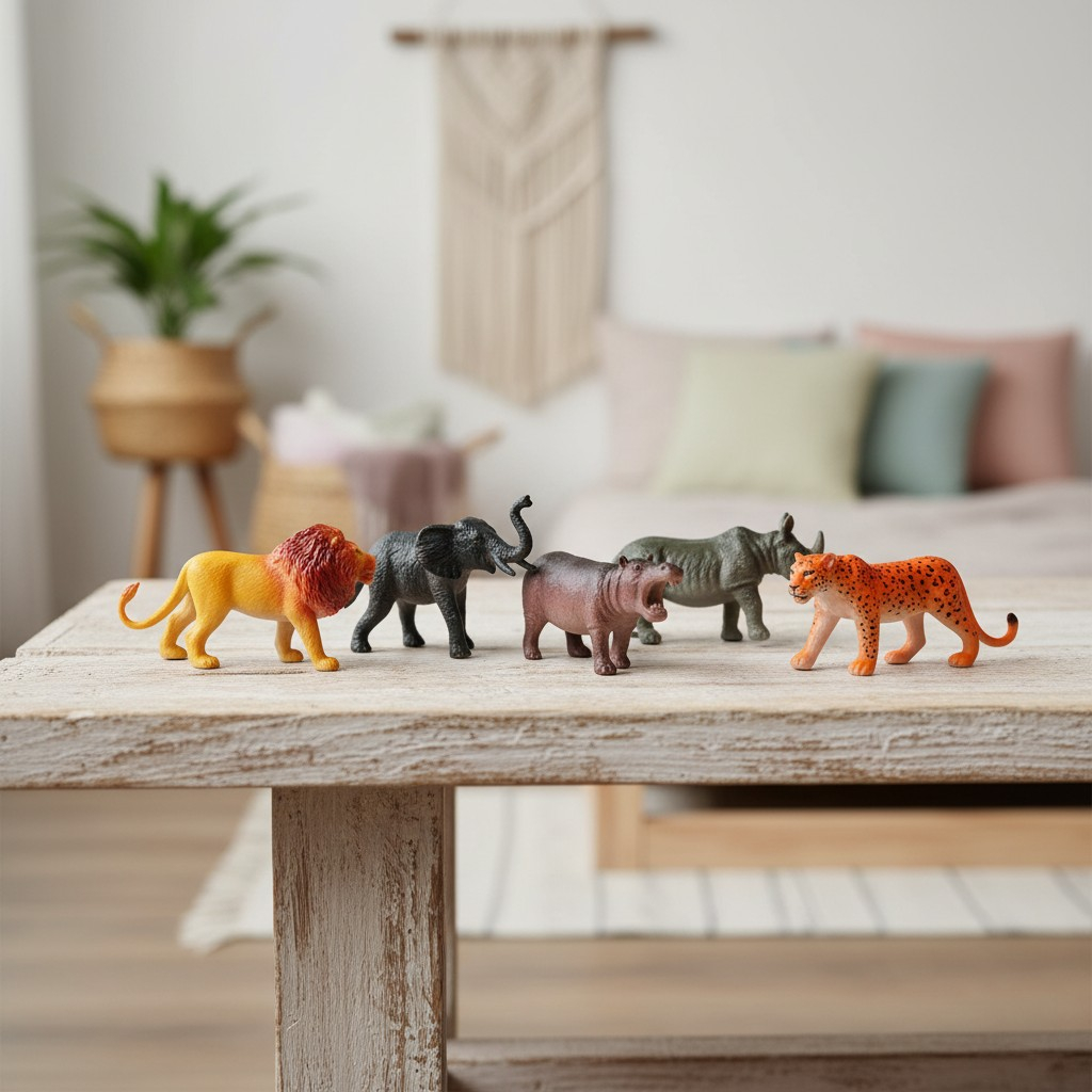 Set de 6 figurine animale sălbatice Animal World incluzând leu, tigru, elefant, rinocer, leopard și hipopotam. [2]
