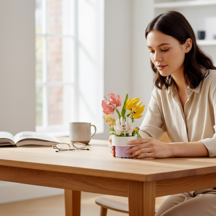 Buchet de flori colorate realizat din blocuri de constructie pentru decor interior. [2]