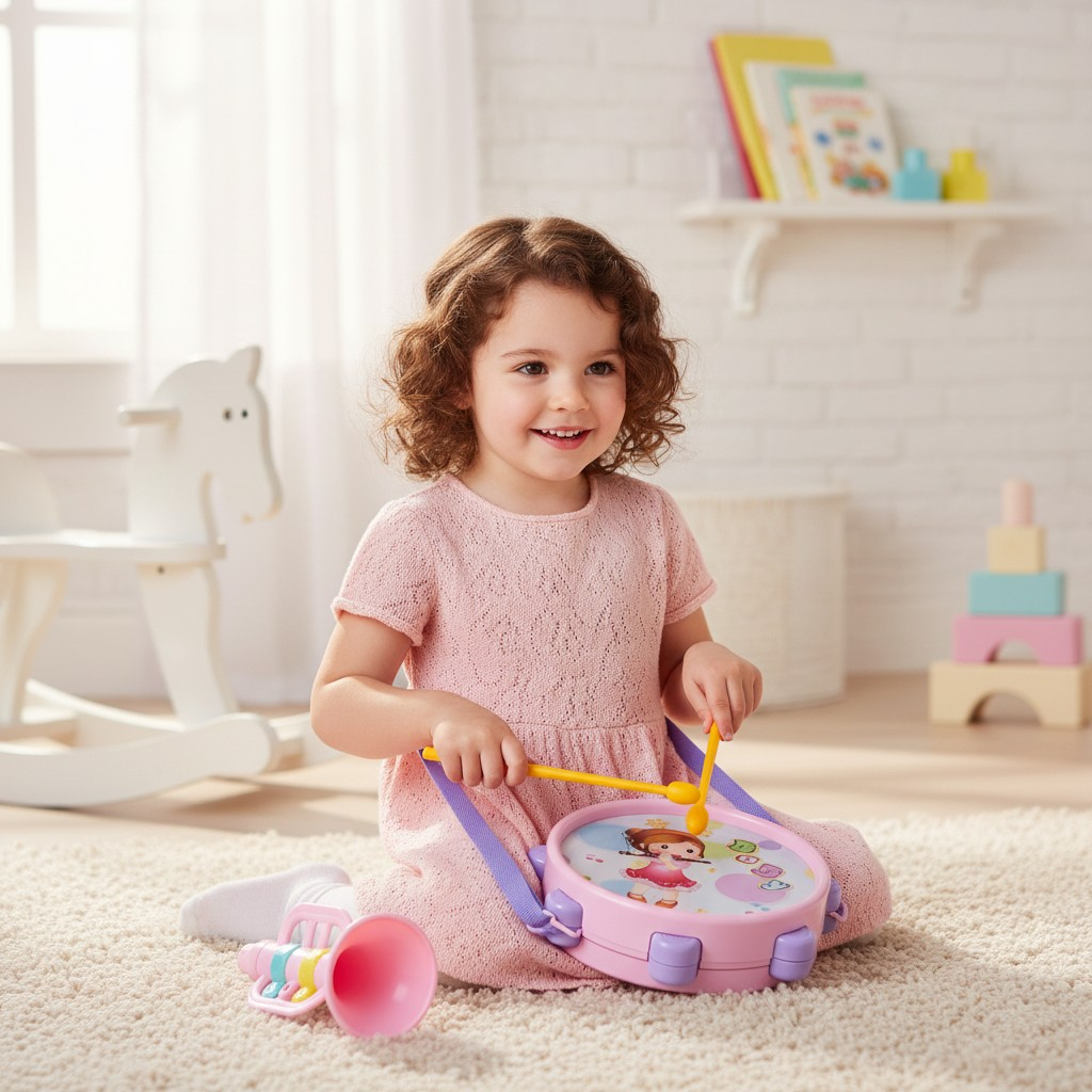 Set 7 instrumente muzicale de jucărie pentru copii incluzând tobă, trompetă, 2 maracas și zurgălăi în culori pastel. [2]