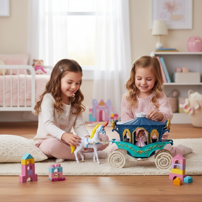 Set de joacă cu caleașcă regală roz și cal alb detașabil. [2]