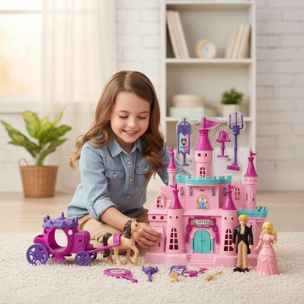 Set jucărie castel de prințese roz cu figurine, trăsură mov și accesorii miniaturale [2]