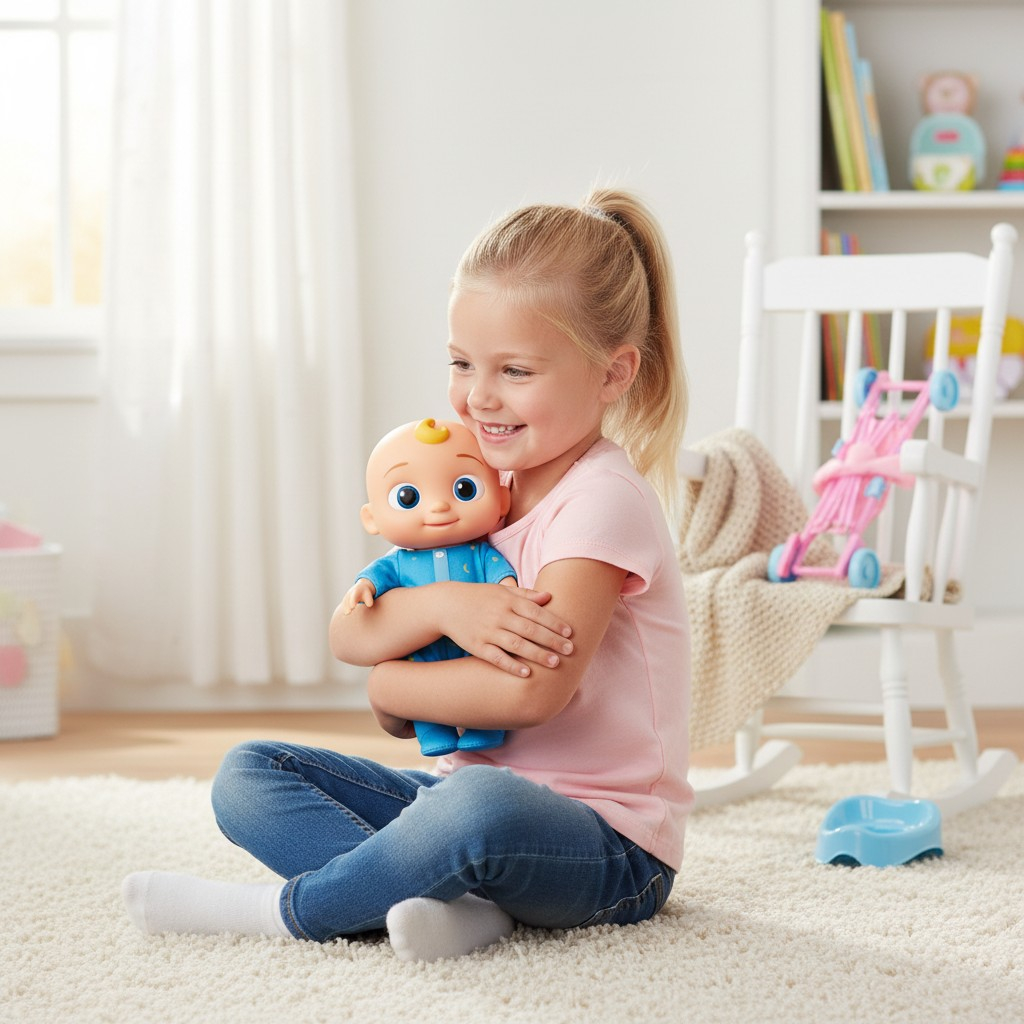 Set de jucării CoComelon cu păpușa JJ în pijamale albastre, alături de cărucior roz pliabil și oliță educativă. [2]