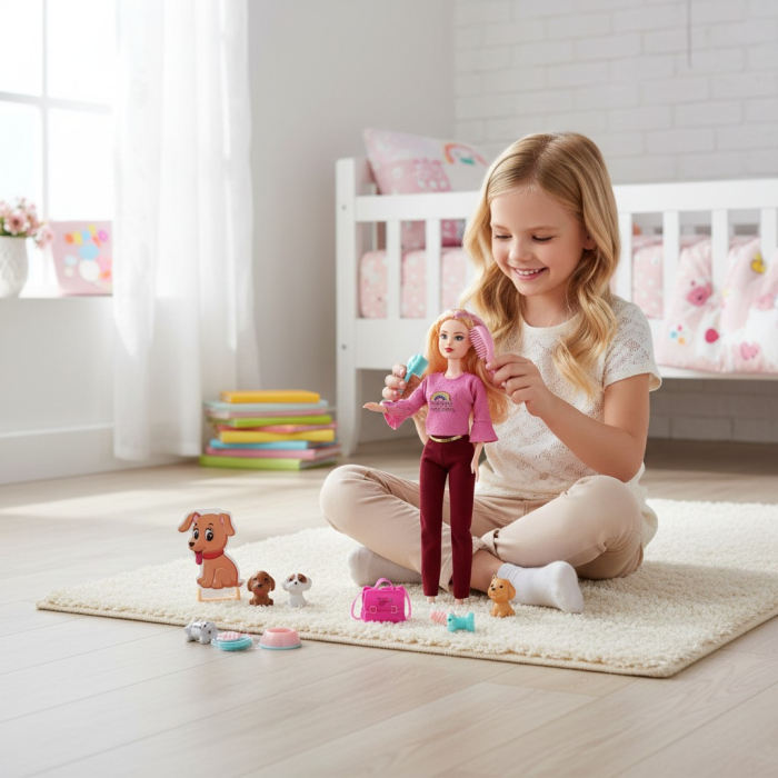 Păpușă iubitoare de animale de 30 cm cu cățeluș și accesorii de hrănire. [2]