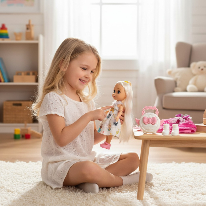 Mini păpușică fashion cu păr lung și gentuță mov elegantă. [2]