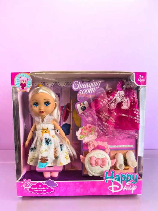 Mini păpușică fashion cu păr lung și gentuță mov elegantă. [3]