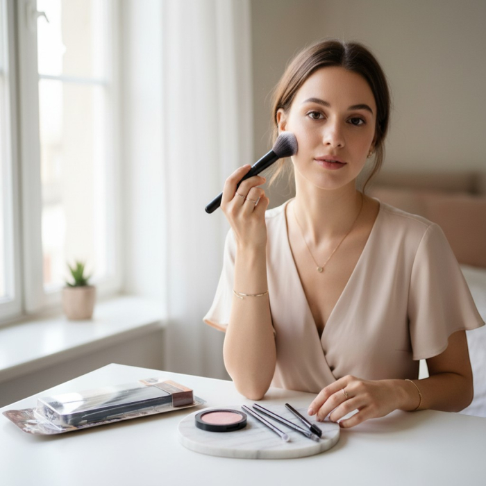 Set 5 pensule de machiaj Rose Gold cu peri albi/gri, așezate pe un fundal estetic. [2]