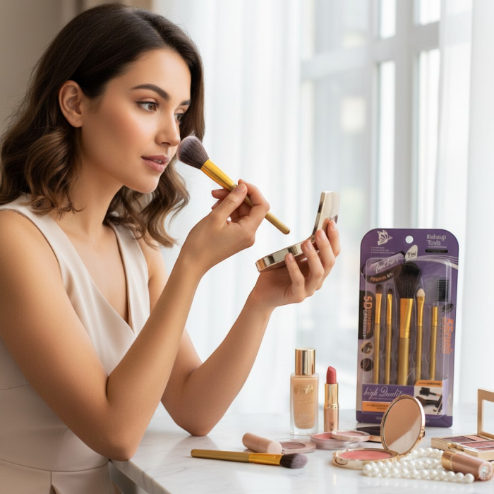 Set 5 pensule de machiaj negre cu ferule aurii, așezate ordonat pe un fundal neutru. [2]