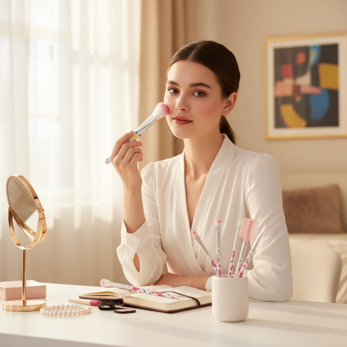 Set 5 pensule de machiaj cu mânere decorate cu inimioare, incluzând pensulă de sprâncene și aplicator burete. [2]