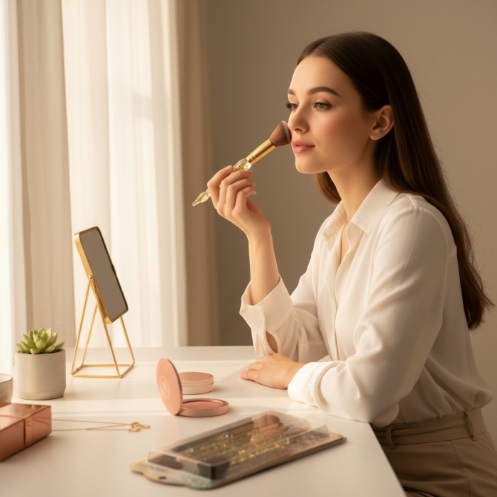 Set 5 pensule machiaj cu mânere transparente umplute cu glitter auriu și peri moi albi/aurii. [3]