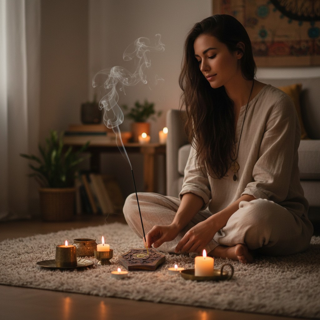 Suport de lemn hexagonal pentru bețișoare parfumate pe o masă, cu un bețișor aprins eliberând fum. [2]