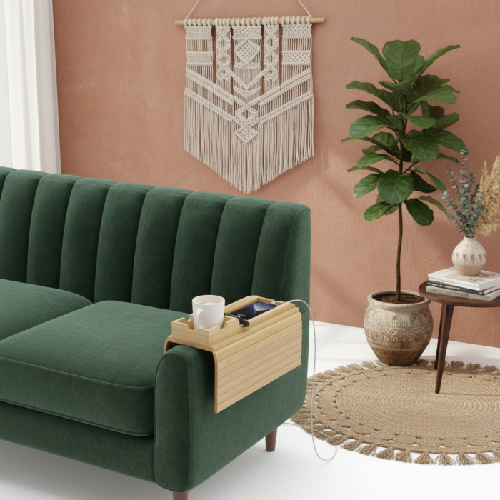 Suport flexibil din bambus pentru brațul canapelei cu slot pentru telefon și spațiu pentru pahar. [2]