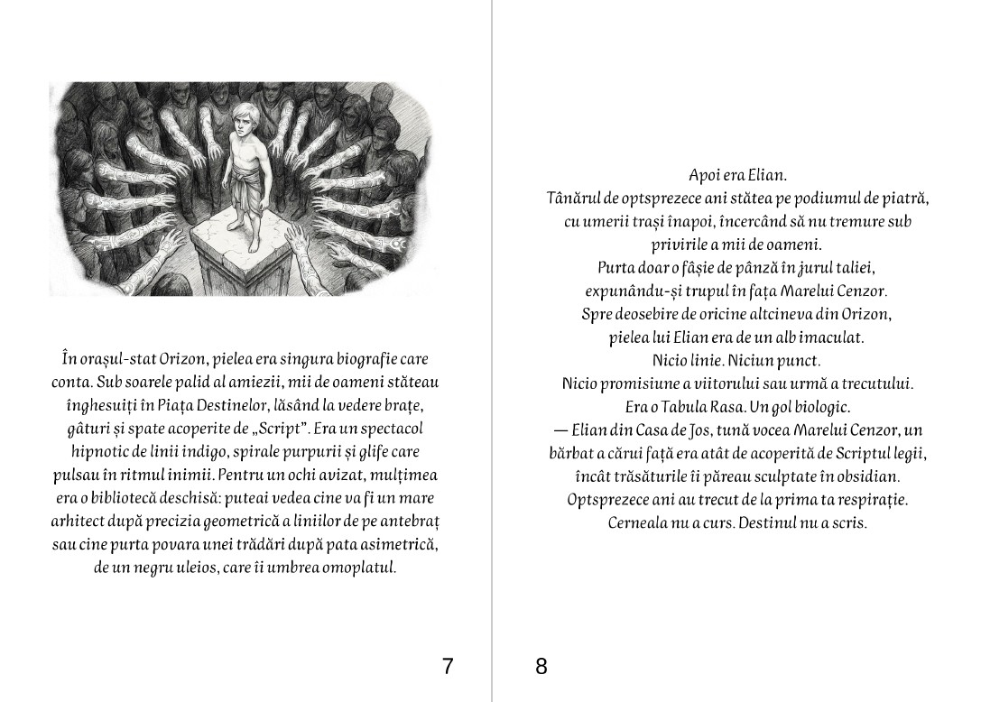 Coperta romanului fantasy Tabula Rasa Fauritorul de Cicatrici ilustrand chipul intunecat al unui tanar cu buze acoperite de cerneala magica [3]