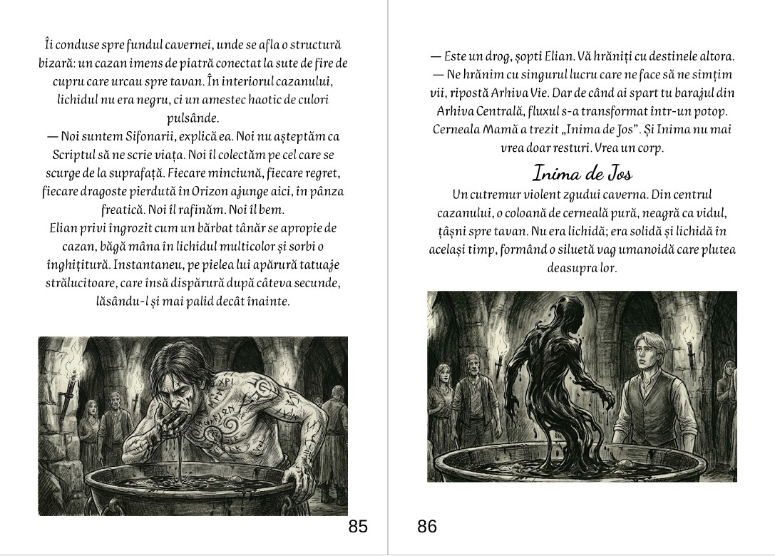 Coperta romanului fantasy Tabula Rasa Fauritorul de Cicatrici ilustrand chipul intunecat al unui tanar cu buze acoperite de cerneala magica [5]