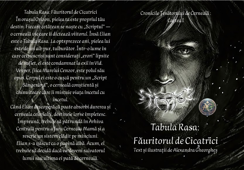 Coperta romanului fantasy Tabula Rasa Fauritorul de Cicatrici ilustrand chipul intunecat al unui tanar cu buze acoperite de cerneala magica [2]