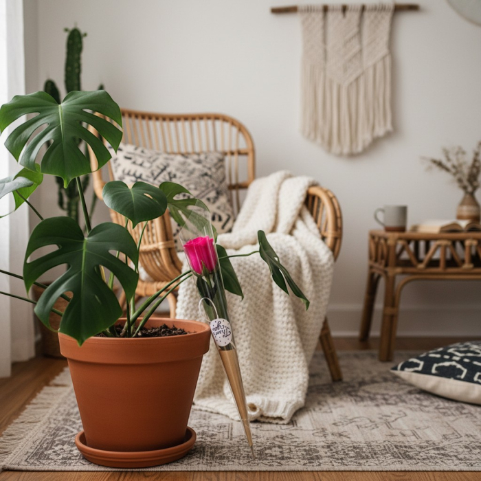 Trandafir individual din săpun roșu/roz în ambalaj conic de 49 cm cu etichetă Thank You. [2]