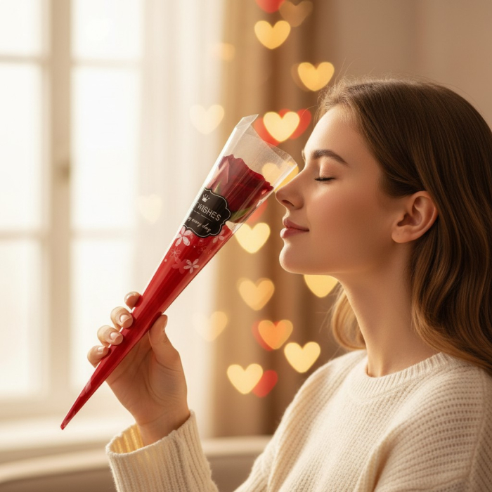 Trandafir individual din săpun mov intens, 36 cm, în tub transparent de protecție. [3]