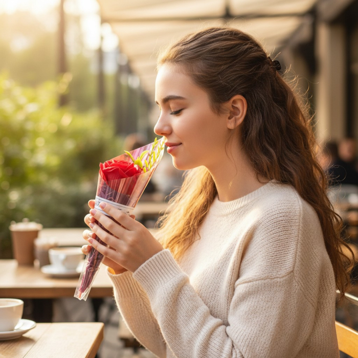 Trandafir individual din săpun roșu/mov în ambalaj con holografic metalizat, lungime 36 cm. [3]