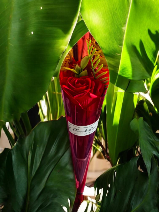 Trandafir individual din săpun roșu/mov în ambalaj con holografic metalizat, lungime 36 cm. [2]