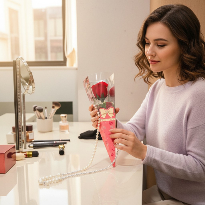 Set 3 trandafiri din săpun roșu în con decorativ cu inimioare și voal alb. [2]