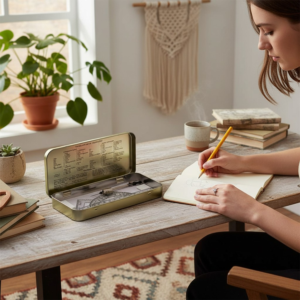 Trusă de geometrie metalică MBB complet echipată deschisă pe birou [2]